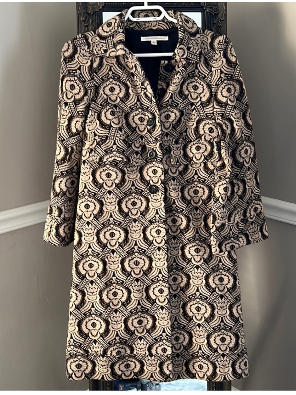 Diane von Fustenberg Black and Cream Floral Jacquard Coat 10